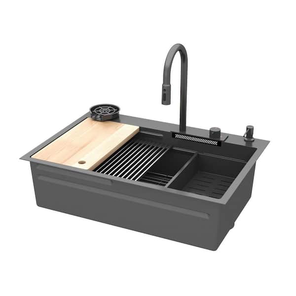 WIAWG 33.2 in. W Drop-in Single Bowl Matte Black Stainless Steel Kitchen Sink Workstation Set With Waterfall, Pull-Down Faucet