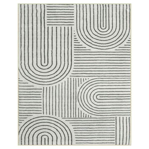Abstract Rainbow Striped Washable Non-Slip Black 8 ft. x 10 ft. Living Room Bedroom Area Rug