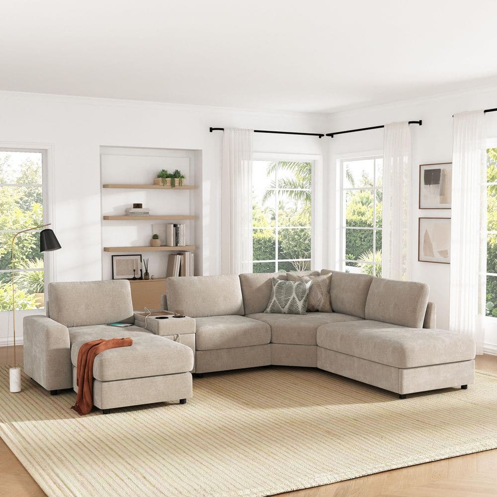 118 in. W Round Arms Chenille U-Shaped 6-Seater Modular Sectional Sofa in Beige with Ottoman and Storage Console price history on PriceWatchPro
