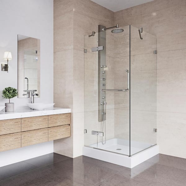 VIGO Monteray 32 in. L x 32 in. W x 79 in. H Frameless Pivot Square Shower Enclosure Kit in Brushed Nickel with Clear Glass