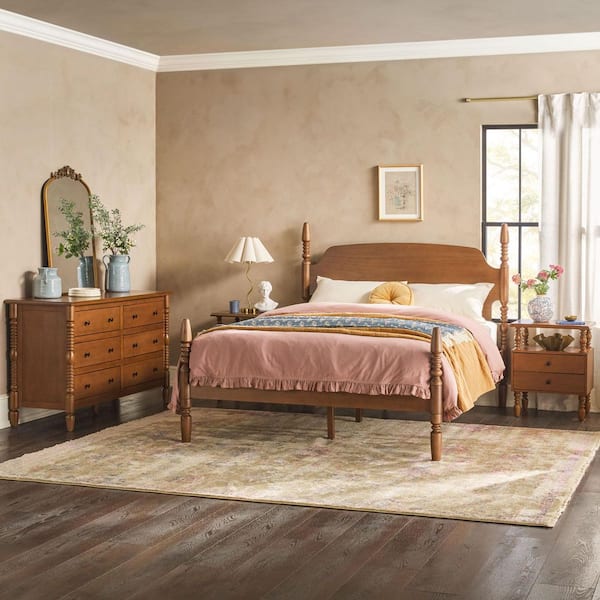 Walker Edison Furniture Company Modern Easy Assembly 4-Piece Solid Wood Dark Brown 2-drawer Nightstands and 6-drawer Dresser with Queen Bed Bedroom Set
