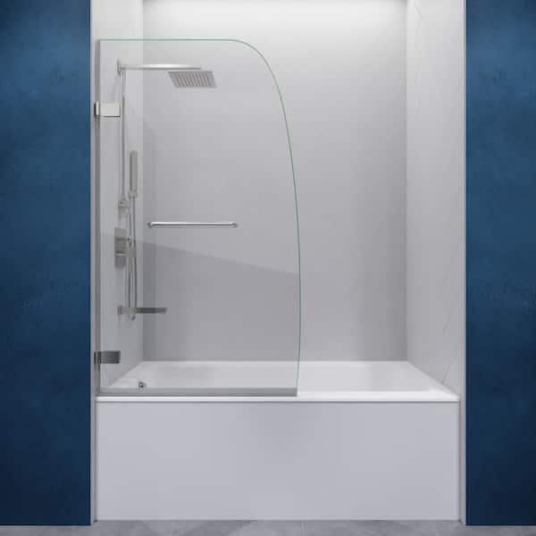 GRAND Series 31.5 in. x 58 in. Frameless Hinged Tub Door in Brushed Nickel with Towel Bar Handle