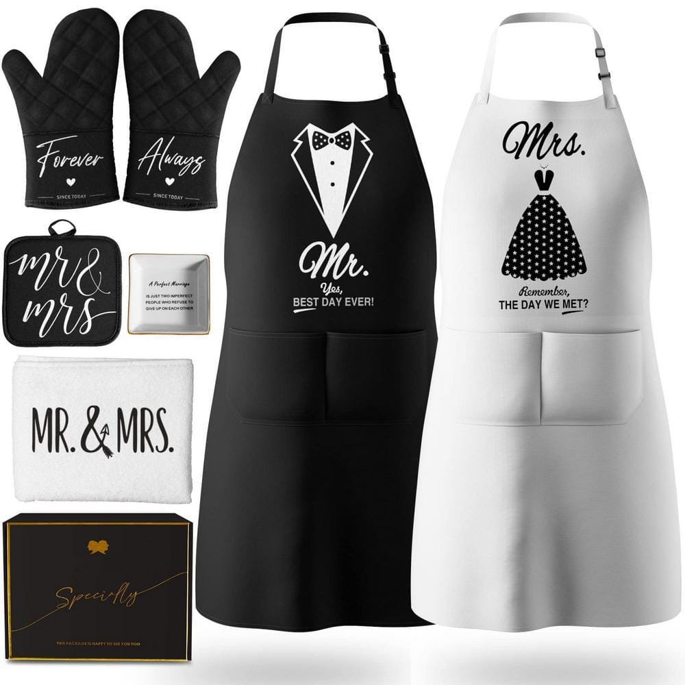 8-Piece Black and White Kitchen Cooking Mr and Mrs Apron Gift Set for Anniversary, Bridal Shower and Wedding Gifts 8-Piece Black and White Kitchen Cooking Mr and Mrs Apron Gift Set for Anniversary, Bridal Shower and Wedding Gifts