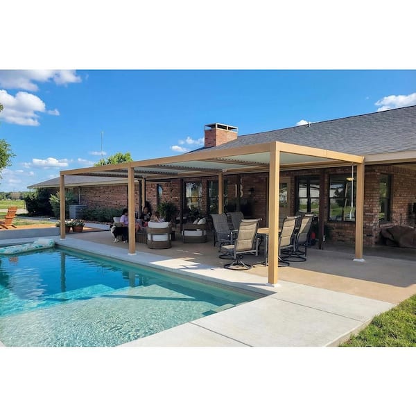 11.7 ft. x 28.1 ft. Wood Grain Aluminum Outdoor Louvered Pergola with 4-Individual Adjustable Roofs and In-Built Gutter