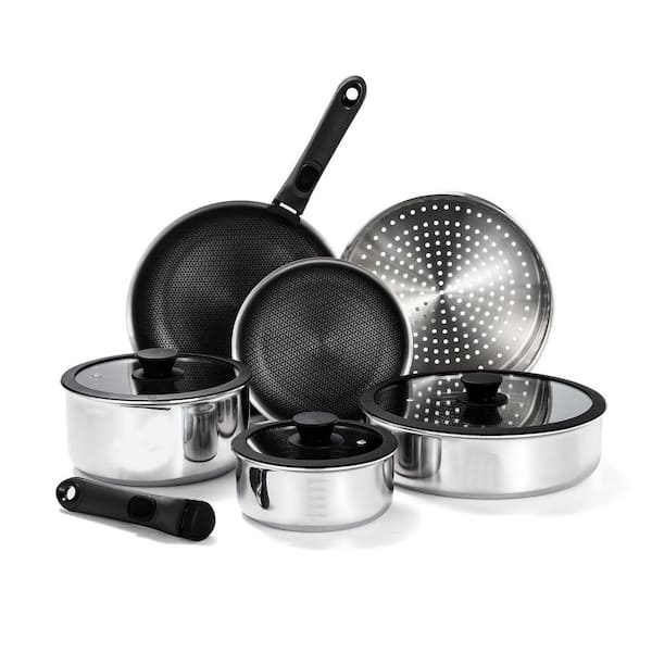 19 Piece Stainless Steel Nonstick Cookware Set with Removable Handles Dishwasher Oven Induction Safe Silver