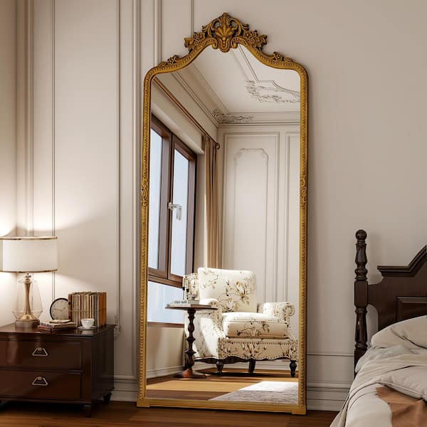 Antique Gold 28 in. W x 69 in. H Arched PU Frame with Ornate Carved Decoration Full Length Mirror Floor Mirror