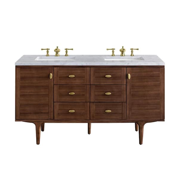 James Martin Vanities Amberly 60.0 in. W x 23.5 in. D x 34.7 in . H Bathroom Vanity in Mid-Century Walnut with Carrara Marble Marble Top