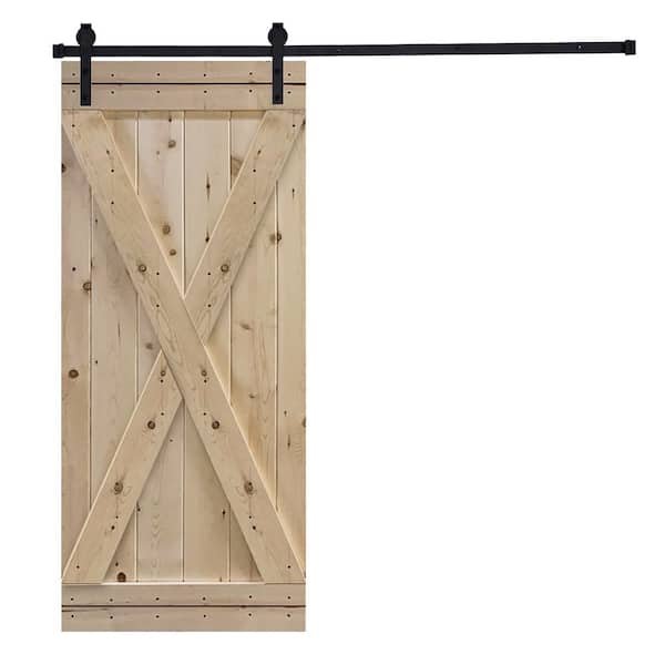 AIOPOP HOME X-Bar Serie 36 in. x 84 in. Mother Nature Knotty Pine Wood DIY Sliding Barn Door with Hardware Kit