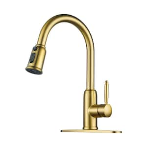 3 Functions Single Handle Pull Down Sprayer Kitchen Faucet with Deckplate in Stainless Steel Brushed Gold