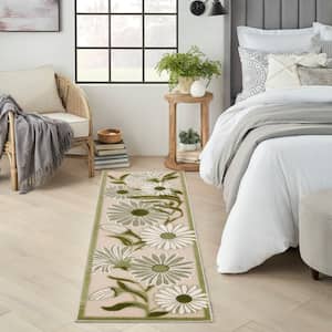 Aloha Ivory Green 2 ft. x 8 ft. Botanical Contemporary Indoor/Outdoor Runner Area Rug