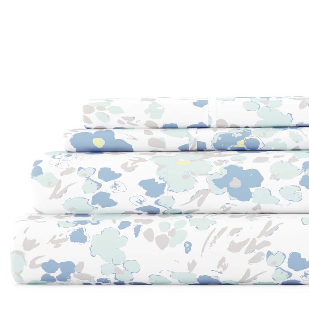 Queen Light Blue Floral Microfiber Deep Pocket Sheet Set