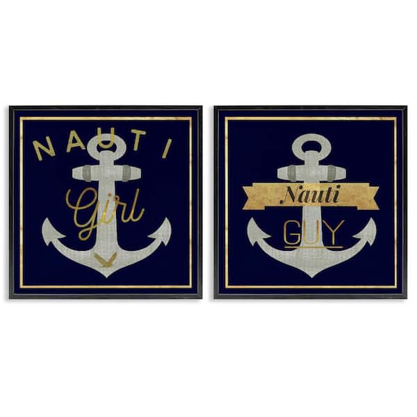 Stupell Industries Nauti Girl & Guy Anchors by Graffitee Studios 2-Pieces Black Framed Coastal Giclee Art Print 24 in. x 24 in.