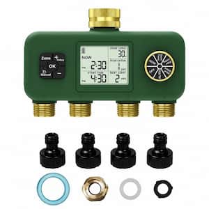 4 Zone Water Timer Standard Size, 1 in Main Inlet with 3/4 in Adapter, Brass Outlets, Sequential Watering, Rain Delay