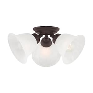 Woodside 14.5 in. 3-Light Bronze Industrial Flush Semi Mount with Alabaster Glass and No Bulbs Included