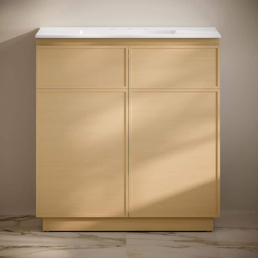 St. Tropez 36" Freestanding Bath Vanity in Natural Oak with White Ceramic 3-Hole Widespread Sink Top
