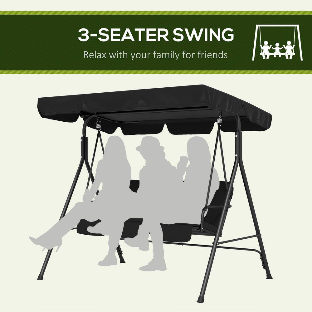 Black Steel Frame 3-Person Outdoor Patio Swing with Adjustable Canopy