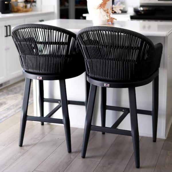 PURPLE LEAF Modern Aluminum Rattan Counter Height Outdoor Bar Stool with Back and Grey Cushion (2-Pack)