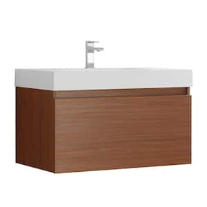 Mezzo 36 in. Modern Wall Hung Bath Vanity in Teak with Vanity Top in White with White Basin