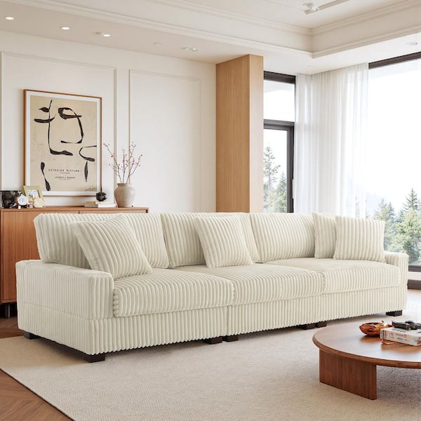 118.31 in. W Square Arm 3-Piece Faux Rabbit Fur Fabric Rectangle 3-Seats Sectional Sofa in. White