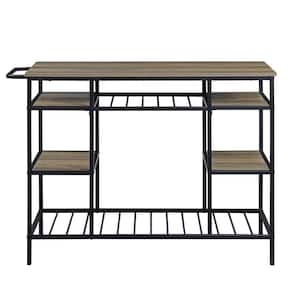 Rustic Oak & Black Finish Composite Wood Kitchen Island with Open shelves and Wine Rack