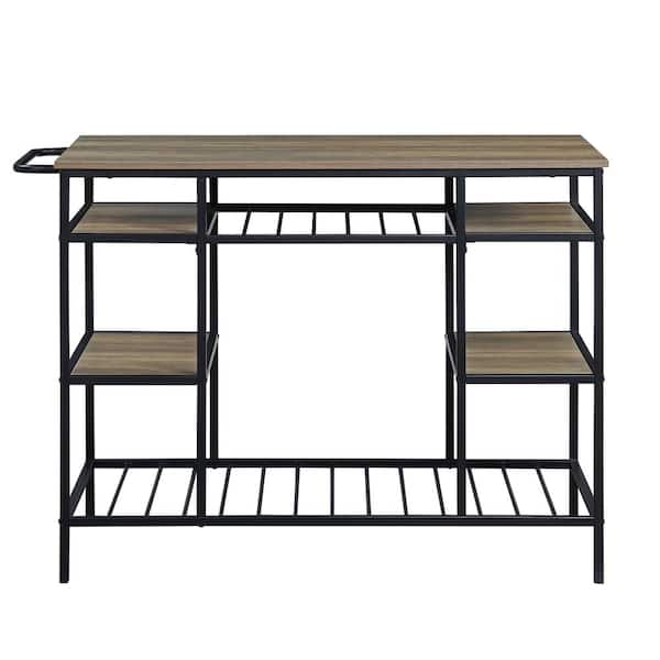 Tileon Rustic Oak & Black Finish Composite Wood Kitchen Island with Open shelves and Wine Rack