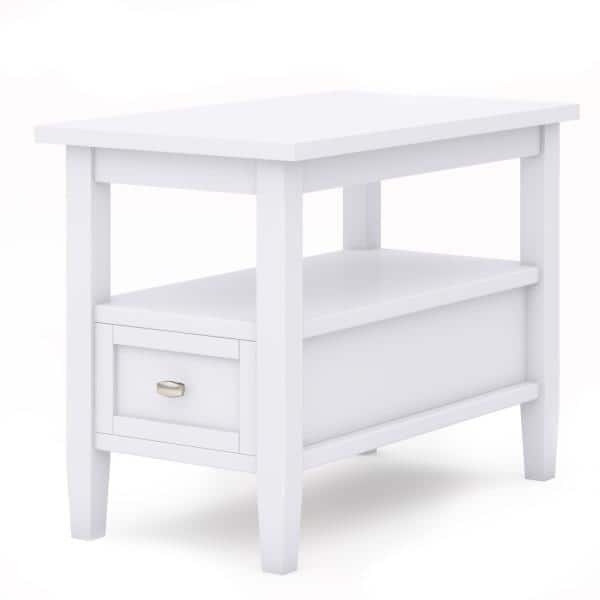 White Solid Wood and Metal Narrow Side Table with Storage