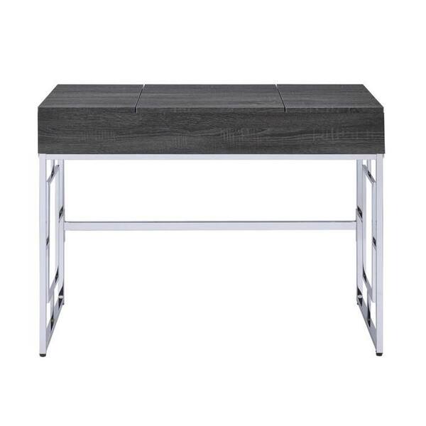 Benjara Gray And Silver Wooden Vanity Desk With Three Storage Compartments And Metal Legs Bm196705 The Home Depot