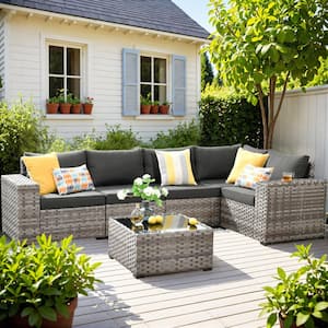 Beatrice 6-Piece Wicker Outdoor Sectional Set with Black Cushions