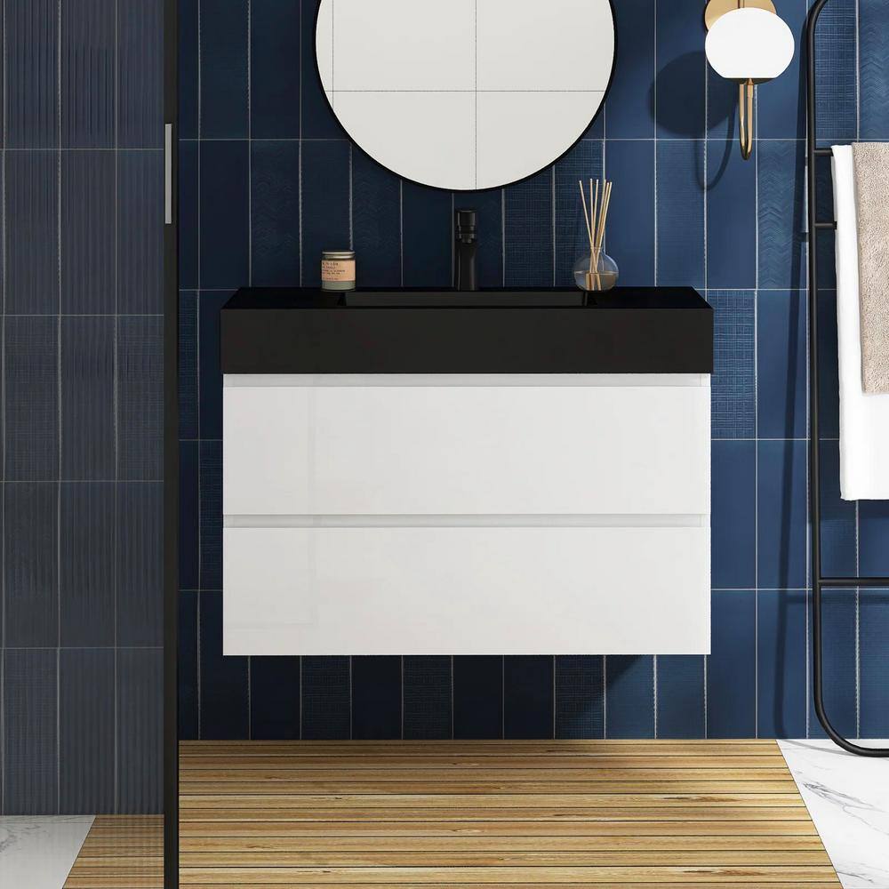 36 in. W x 18 in. D x 25 in. H Single Sink Floating Bath Vanity in White with Matt Black Solid Surface Top price history on PriceWatchPro