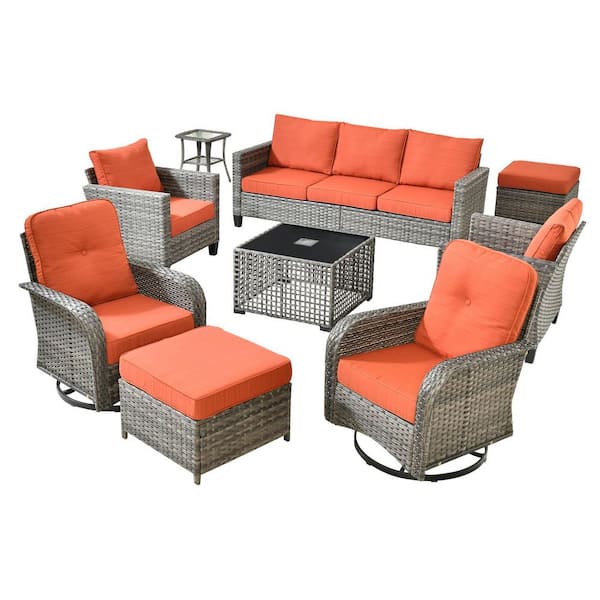 Daphne 9-Piece Wicker Patio Conversation Sofa Seating Swivel Rocking Chairs Set with Ottomans and Orange Red Cushions