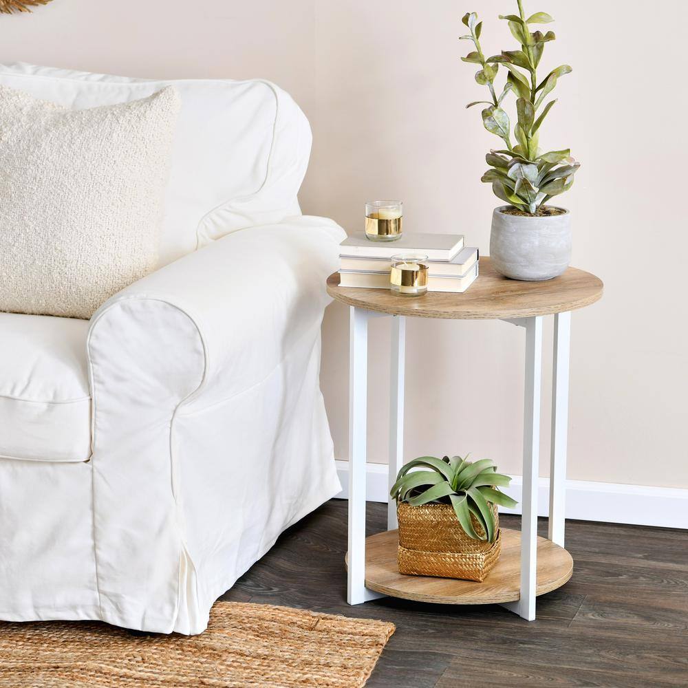 Coastal Oak and White Round End Table with Shelf