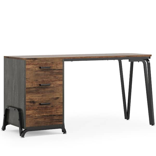 BYBLIGHT Moroni 55 in. Rectangular Brown and Gray Wood 3-Drawer Computer Desk Home Office Desks with Reversible Drawer Cabinet