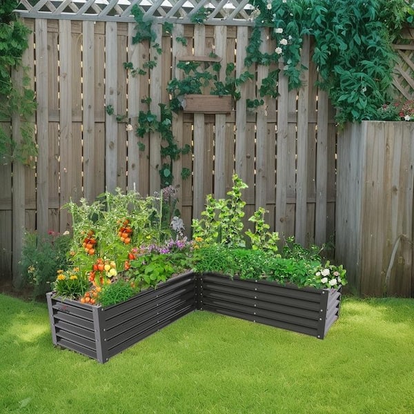 74 x 74 x 18 in L-Shaped Metal Galvanized Raised Planter Boxes for