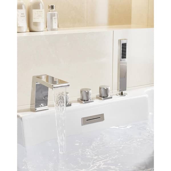 YAWWALK 3-Handles Deck-Mount Roman Tub Faucet with Hand Shower in Chrome (Valve Included)