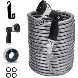 1/2 in. x 150 ft. Stainless Steel Garden Hose Set with with 10-Way Sprayer, Hose Holder