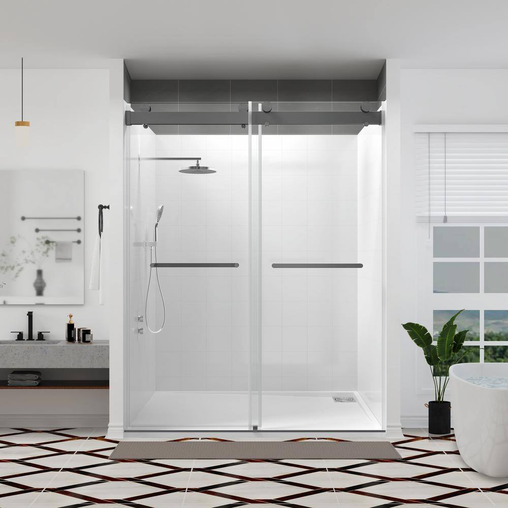 60" Matte Black Frameless Double Sliding Shower Door with Clear Glass