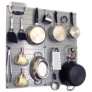 Kitchen Pegboard 32 in. x 32 in. Metal Peg Board Pantry Organizer Kitchen Pot Rack with Gray Pegboard and Red Peg Hooks