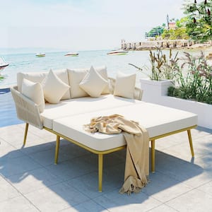Gold Composite Woven Nylon Rope Outdoor Patio Day Bed with Beige Cushions