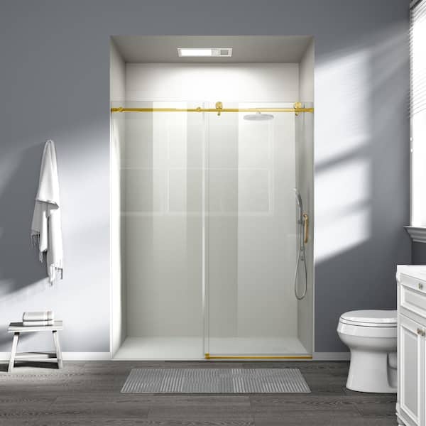 56-60"W x 76"H Frameless Sliding Shower Door, 6mm Tempered Glass, Brushed Gold Handle