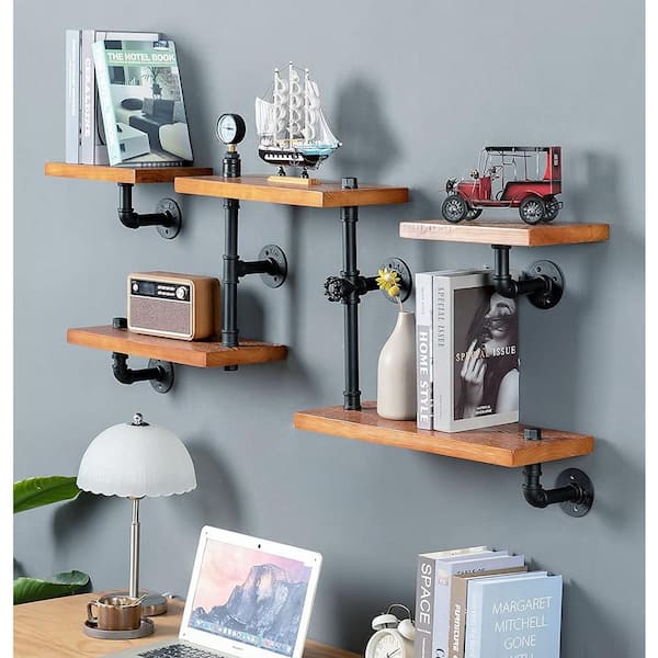 Rustic Modern Wood Ladder hot Pipe Wall Shelf 4 Layer Pipe Design Bookshelf