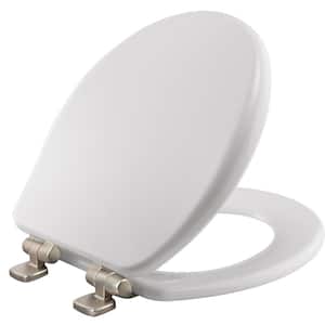 Alesio Round Closed Front Enameled Wood Toilet Seat in White with Slow Close Brushed Nickel Hinges Never Loosens