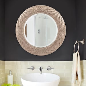 Medium Round Brushed Silver Beveled Glass Contemporary Mirror (32 in. H x 32 in. W)