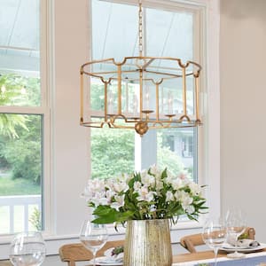 Modern Gold Drum Island Pendant Light Amelia 4-Light Brushed Gold Cage Dining Room Chandelier with Candle Style