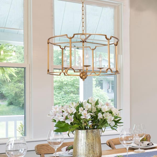 Uolfin Modern Gold Drum Island Pendant Light 4-Light Brushed Gold Cage Dining Room Chandelier with Candle Style