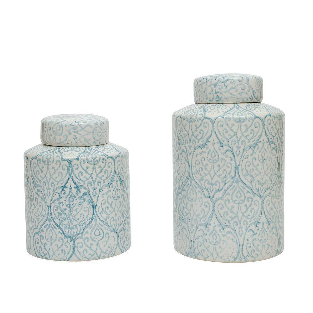 Blue and White Ceramic Geometric Ginger Jar Set