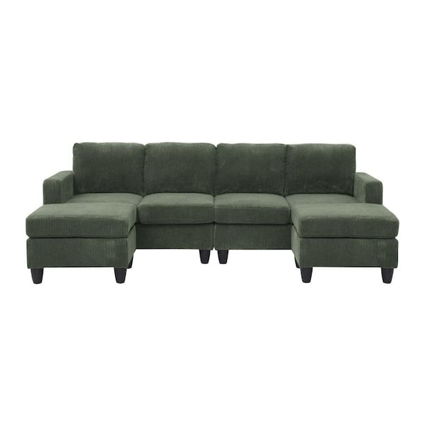 101 in. Modern Corduroy 4-Piece U-Shaped Modular Sectional Sofa with Removable Padded Cushions and Ottomans in Emerald
