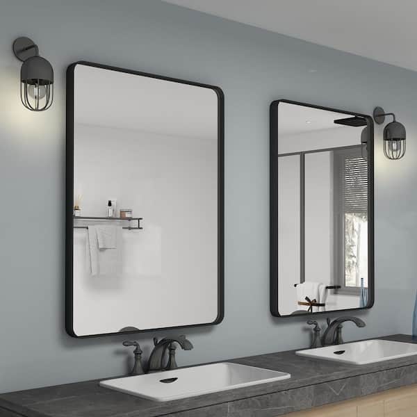 22 in. W x 30 in. H Small Rectangular Tempered Glass and Aluminum Alloy Framed Wall Bathroom Vanity Mirror Matte Black