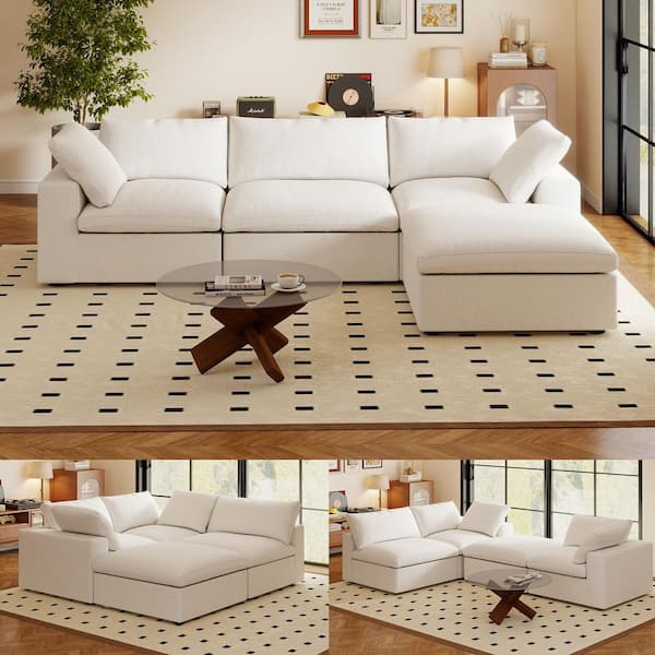 120.45 in. W Square Arm Linen L-Shaped 4-Pieces Modular Free Combination Sofa with Storage Ottoman in White