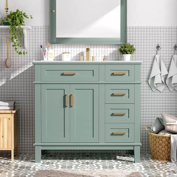 Qualler 36 in. W x 18 in. D x 35 in. H Single Sink Freestanding Bath Vanity in Green with White Resin Top