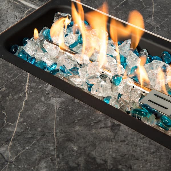 Dark Brown Rectangular Wicker 32 in. W x 15 in. H Outdoor Propane Fire Pits Table with Glass Rocks and Cover